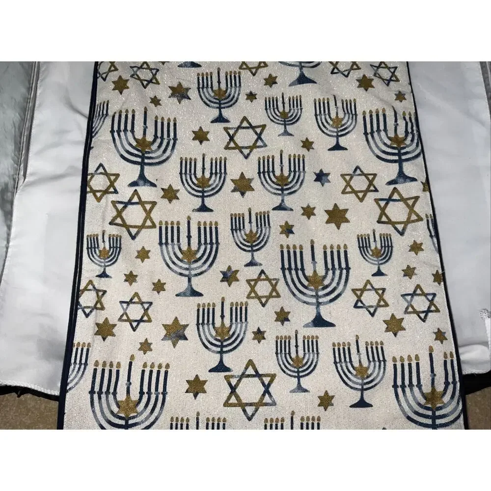 NEW HANUKKAH TABLE RUNNER 16x72” STAR OF DAVID MENORAH GOLD BLUE METALLIC
